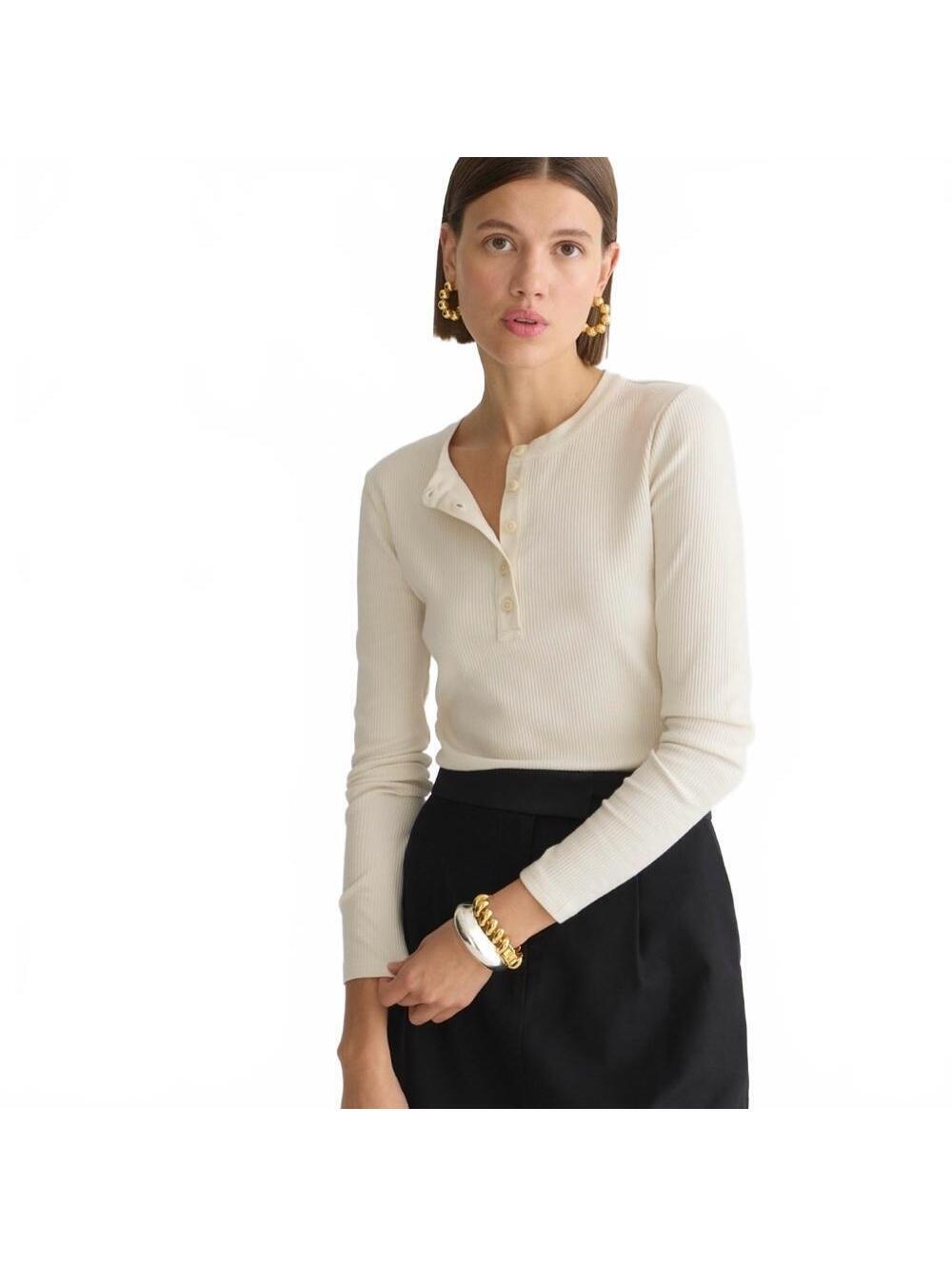J.Crew Vintage Rib Henley T-Shirt Long-Sleeve Natural Cream Women's Size 2XL XXL